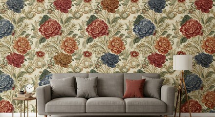 Arafed Wallpaper With A Floral Pattern And A Couch In A Living Room