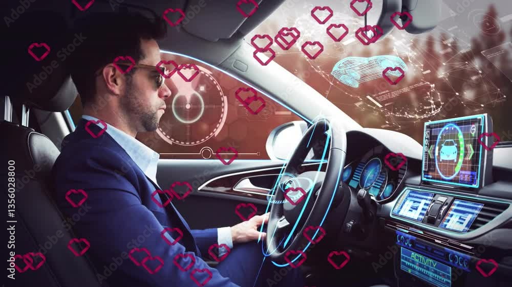 Aufkleber in car, man using digital interface with heart icons on dashboard animation