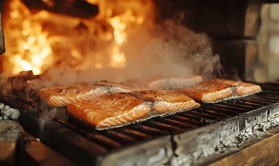 Fresh salmon fillets smoky on a rustic wood fire grill, Generative AI