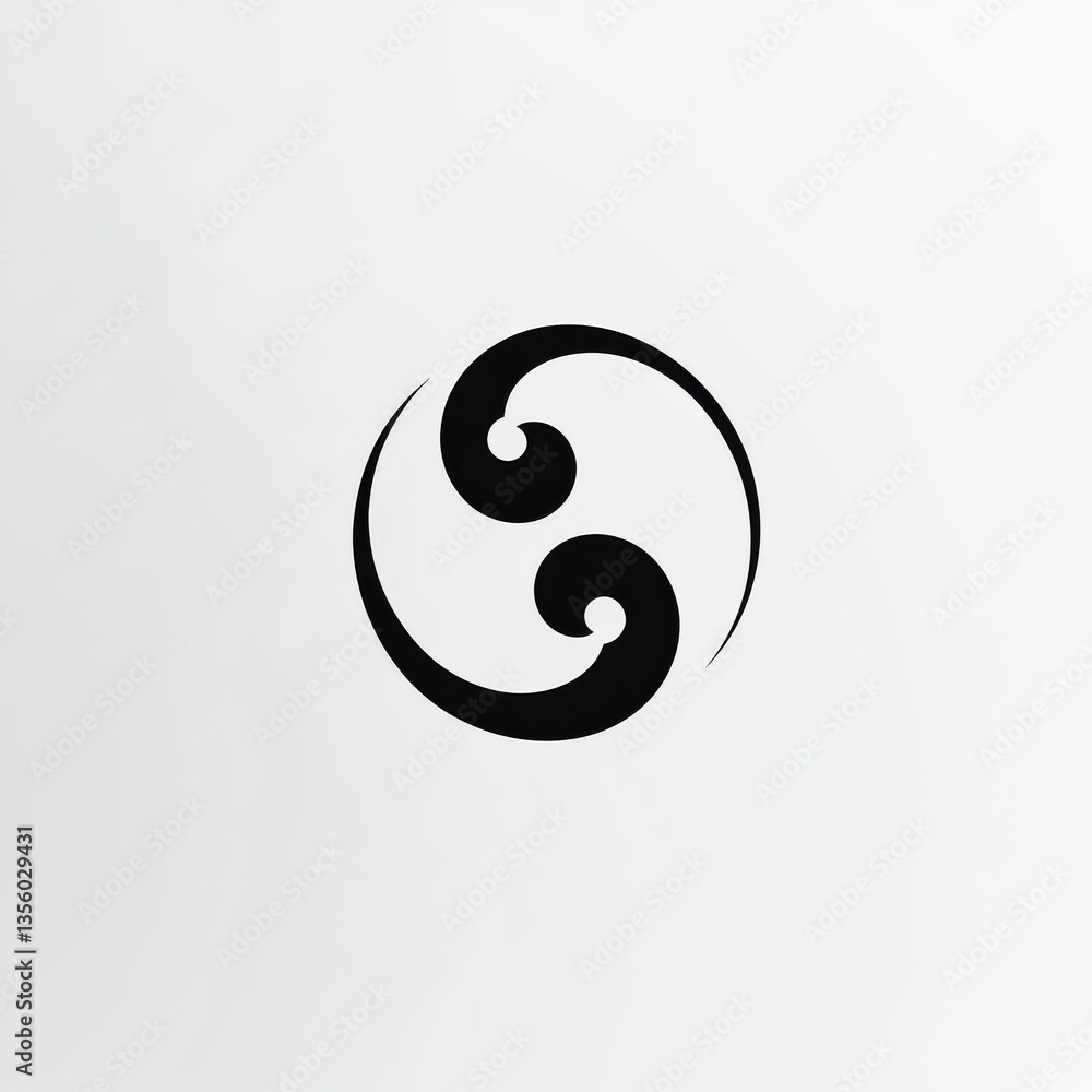 Poster abstract black swirl design on white background, elegant and minimalist circular form