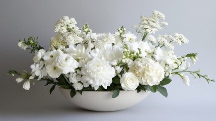 Elegant White Floral Arrangement in a Stylish Bowl with Lush, Blooming Flowers Including Roses, Peonies, and Baby's Breath Against a Soft Gray Background, Evoking Serenity and Sophistication