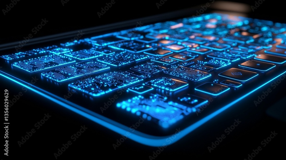 Poster futuristic glowing keyboard with illuminated keys.
