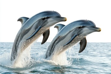 Obraz premium Dolphins jumping playfully above calm ocean waters during sunrise