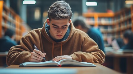 A student working hard at a public library study table, handwriting notes in a notebook. The table has an open textbook, a highlighter, and a smartphone on silent mode.