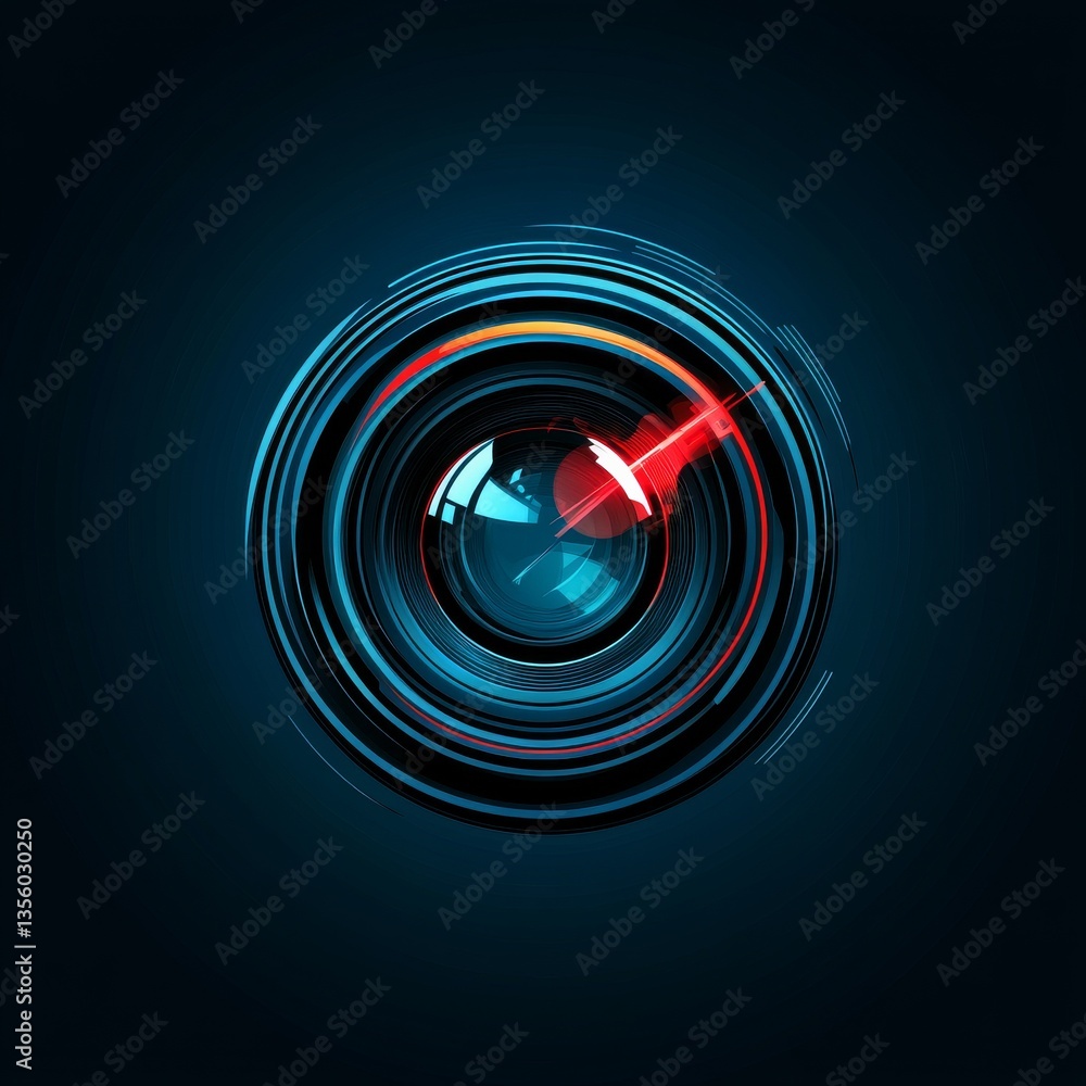 Aufkleber circular tech abstract: concentric rings with lens flare and futuristic glow on a deep blue backgrou
