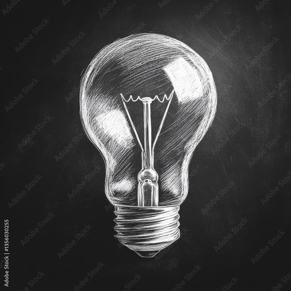 Poster chalkboard idea: white light bulb drawing on black background emphasizing creativity and innovation