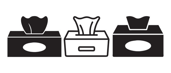 Tissue Box Designs in Simple Silhouette, Tissue box icon set. Vector symbol for baby wipes pack. Disposable facial napkin and wet towel sign