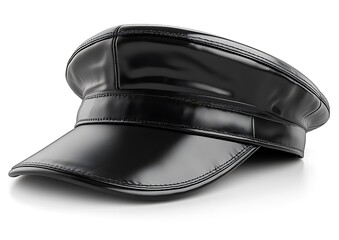 A shiny black leather cap resting on a white surface