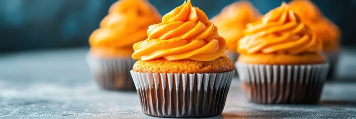 Festive orange cupcakes for koningsdag celebration. Orange sweets. King's Day. Horizontal banner. Copy space