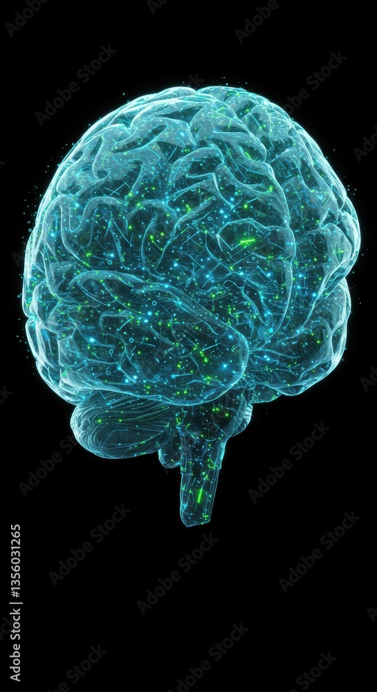 Poster futuristic digital brain with neural network connections and technological elements