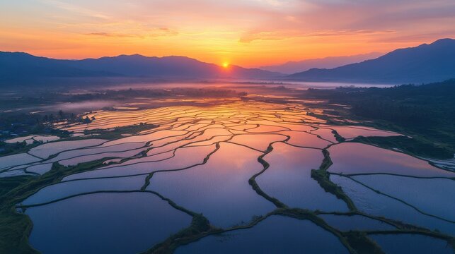 Sunrise Over Watery Rice Paddies and Mountains