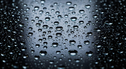 Macro shot of water droplets on a reflective glass surface with a dark and moody background