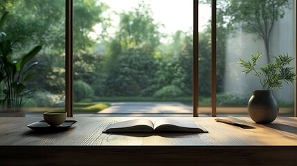 A Zen-inspired workspace with a natural wood desk, an open notebook, and a cup of green tea. Large floor-to-ceiling windows reveal a lush garden outside, complementing the clean,