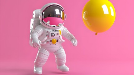 Playful Astronaut and Yellow Balloon on Pink Background