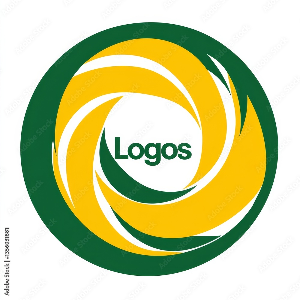 Poster green and gold circular logo design with spiral element and central text featuring the word 