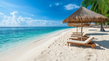 Fototapeta premium Idyllic tropical beach scene with chaise lounges under thatched umbrellas, clear turquoise water, and white sand.