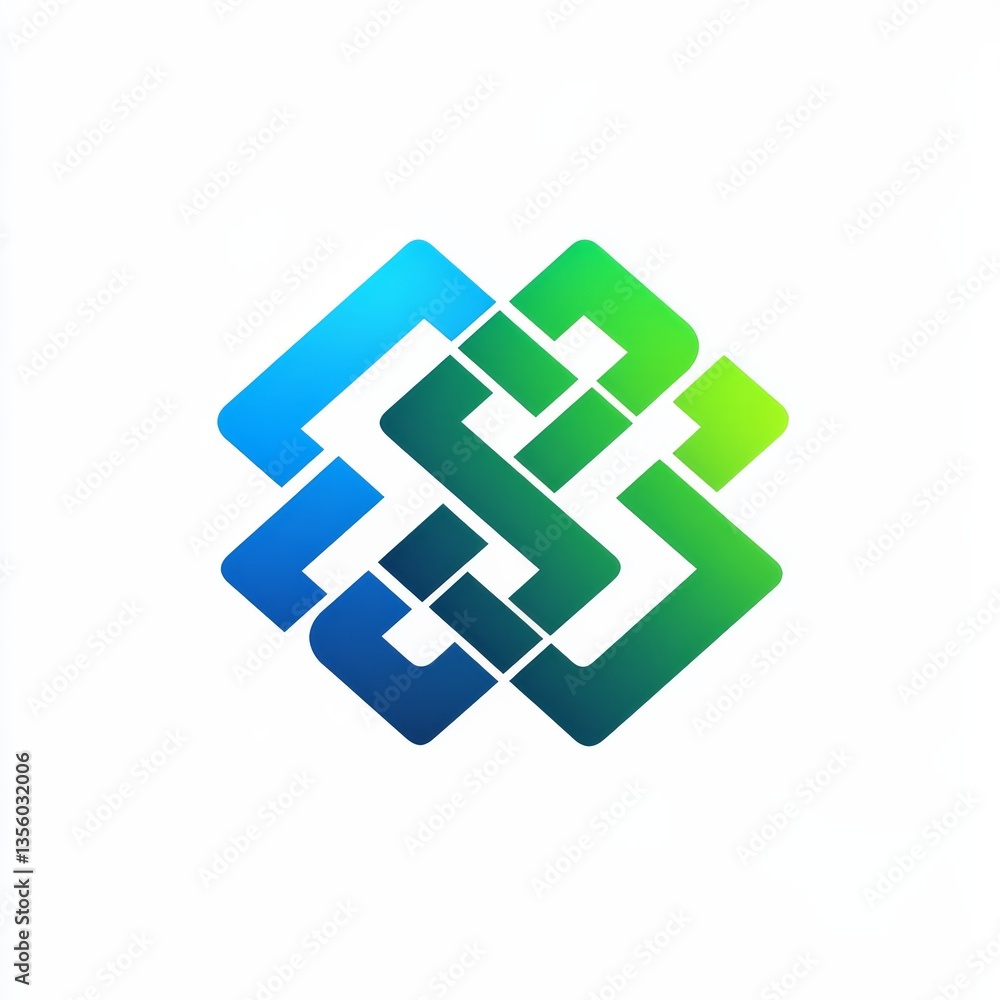 Poster interwoven gradient squares logo: abstract design with blue and green shades for modern branding and