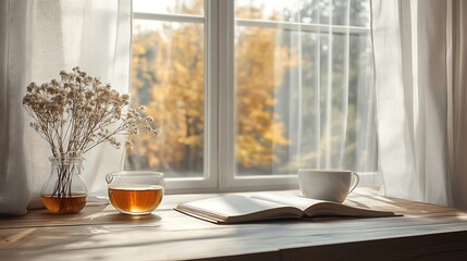 A bright, minimalistic workspace with a sleek wooden desk, a single open notebook, and a cup of tea. Natural light streams through large windows, illuminating the modern,