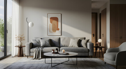 Minimalist living room with modern gray sofa, marble coffee table, and warm natural lighting