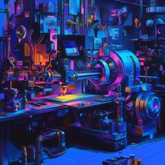 Fototapeta premium Lathe machine in a surreal setting, shaping a glowing, otherworldly material, vibrant colors and imaginative design, ultra-detailed and magical