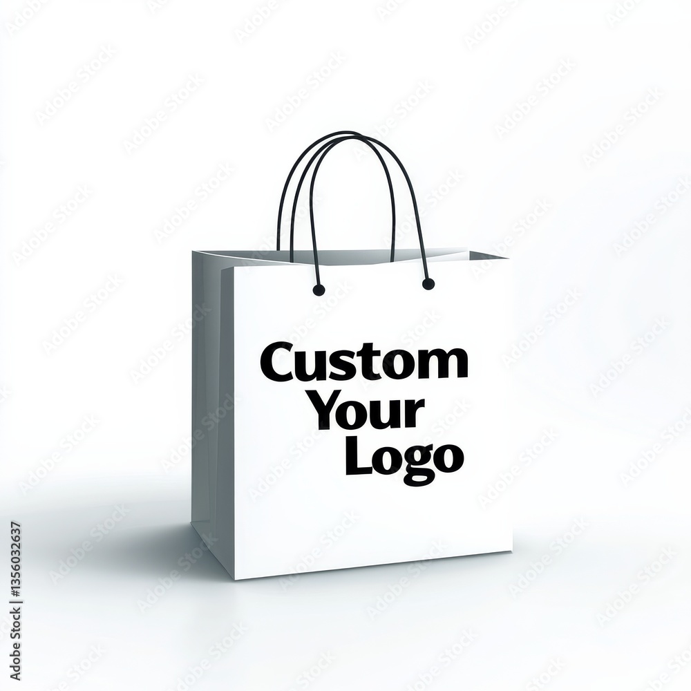 Poster personalized white paper bag with black handles and custom logo displayed on a clean background.