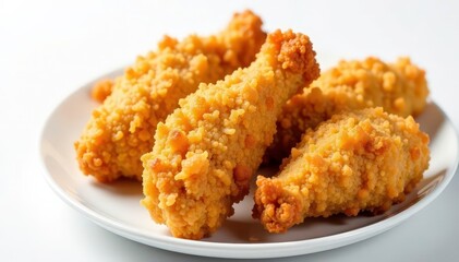 Crispy fried chicken strips on white background, advertising, meat
