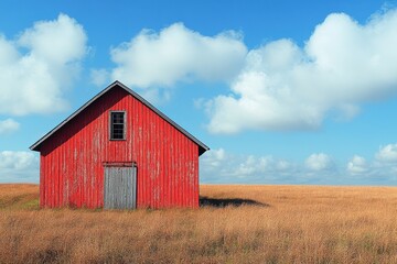 Obraz premium Red barn stands alone in golden fields under a bright blue sky with fluffy clouds