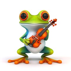 Obraz premium Playful Green Frog with Orange Violin on White Background