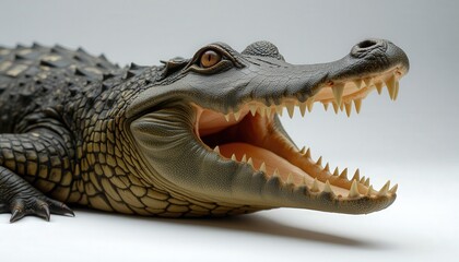 Obraz premium Realistic crocodile toy displaying open jaws on a plain background 