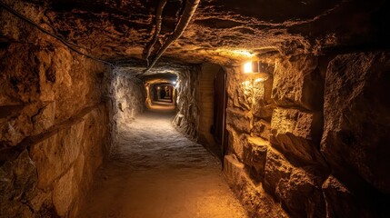 Fototapeta premium Mysterious Subterranean Tunnel with Soft Lighting and Stone Walls