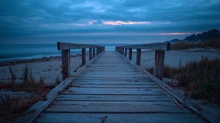 Fototapeta premium Weathered Wooden Pier Extending into a Calm Sea at Twilight