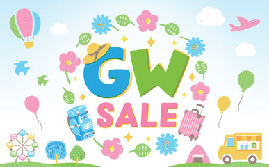 春の空や花・旅行・おでかけをイメージするGW・ゴールデンウィークのフレーム背景イラスト_セールやイベントシーン