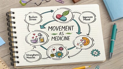 Creative illustration showing movement as medicine with benefits like stress reduction, mood improvement, and muscle strengthening on a notebook page