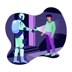 A flat illustration of a robot police scanning a human 