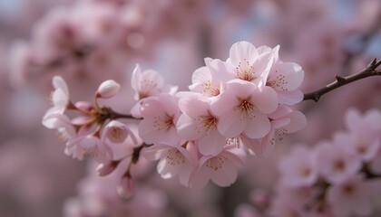 Fototapeta premium Cherry blossoms blooming on a branch against a soft background 