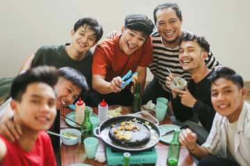 POV of Asian Friends Taking Selfie at Barbecue Dinner Time