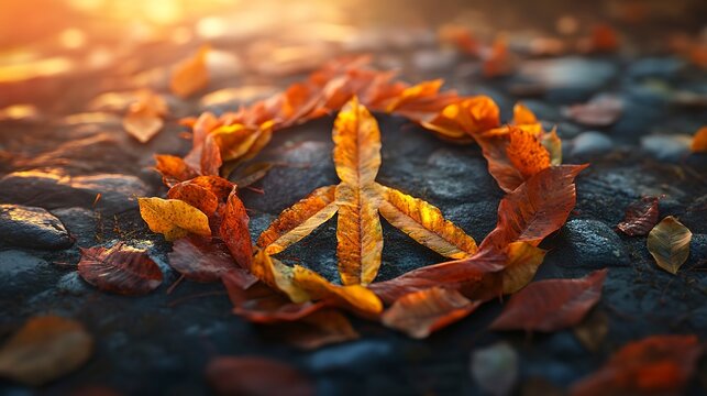 Leaf peace symbol formed from autumn leaves in vibrant colors, illuminated by golden hour light, with soft shadows, close-up details, and a clean and minimal layout. --ar 16:9