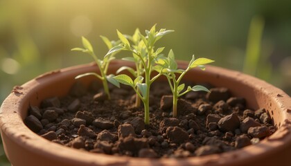 Young seedlings growing in a pot with soil under sunlight  