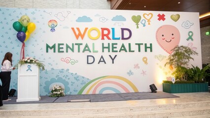 Celebration of World Mental Health Day with Colorful Decorations, Balloons, and Positive Messages Promoting Awareness and Support for Mental Wellbeing
