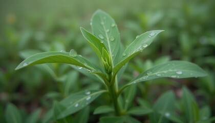 Fototapeta premium Fresh green plant with dew drops in a natural setting 