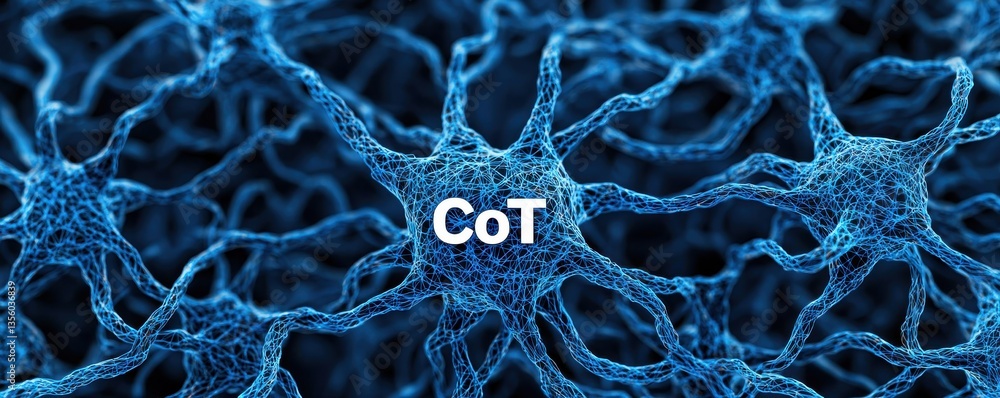 Poster chain of thought (cot) concepts. abstract representation of interconnected neurons in blue tones, sy