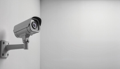 Modern security camera mounted on white wall, indoor surveillance