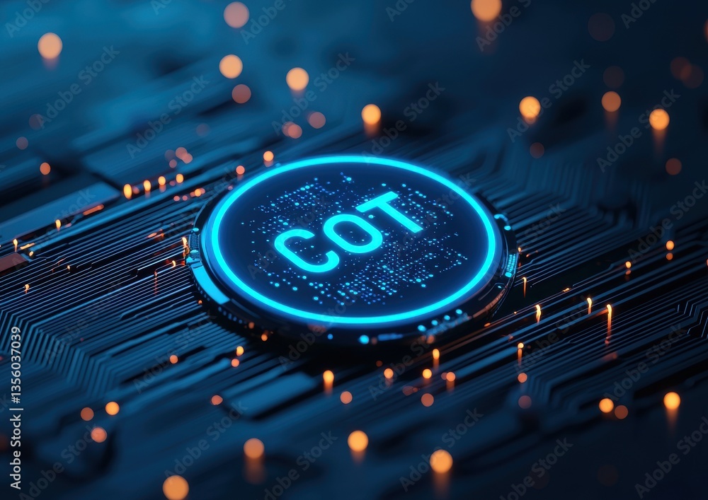 Poster chain of thought concepts. a futuristic digital circuit board featuring a glowing circular emblem la
