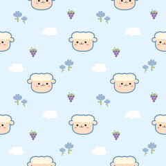 Face sheep cartoon so cute. On flower grape cloud light blue background. Pattern seamless vector illustration. 