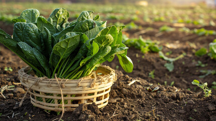 Fresh spinach bundled with twine, resting in a rustic setting, captured in soft daylight for clean eating and vegan content