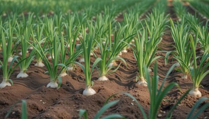 Fototapeta premium Fresh green onions growing in rows on a farm field 