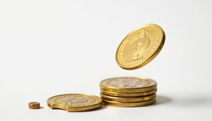 A single coin flipped mid-air, isolated on white , isolated, simple