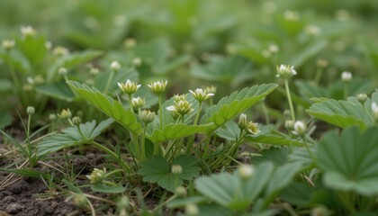 Green Strawberry Plants Blooming in a Fresh Garden  
