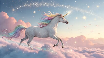 Fototapeta premium A captivating illustration depicts a majestic white unicorn galloping gracefully above a landscape of soft,