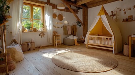 Step into a world of rustic charm with this exquisitely designed nursery, where organic cotton textiles meet the whimsy of handmade mobiles A serene sanctuary bathed in natural light, this space